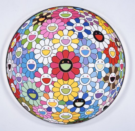 TAKASHI MURAKAMI Untitled (Flowerball), 2016, acrylic and platinum leaf on canvas mounted on wood panel, 59 1:16 inches diameter 150 cm diameter, © 2016 Takashi Murakami : Kaikai Kiki Co., Ltd. (image courtesy the artist and Perrotin)